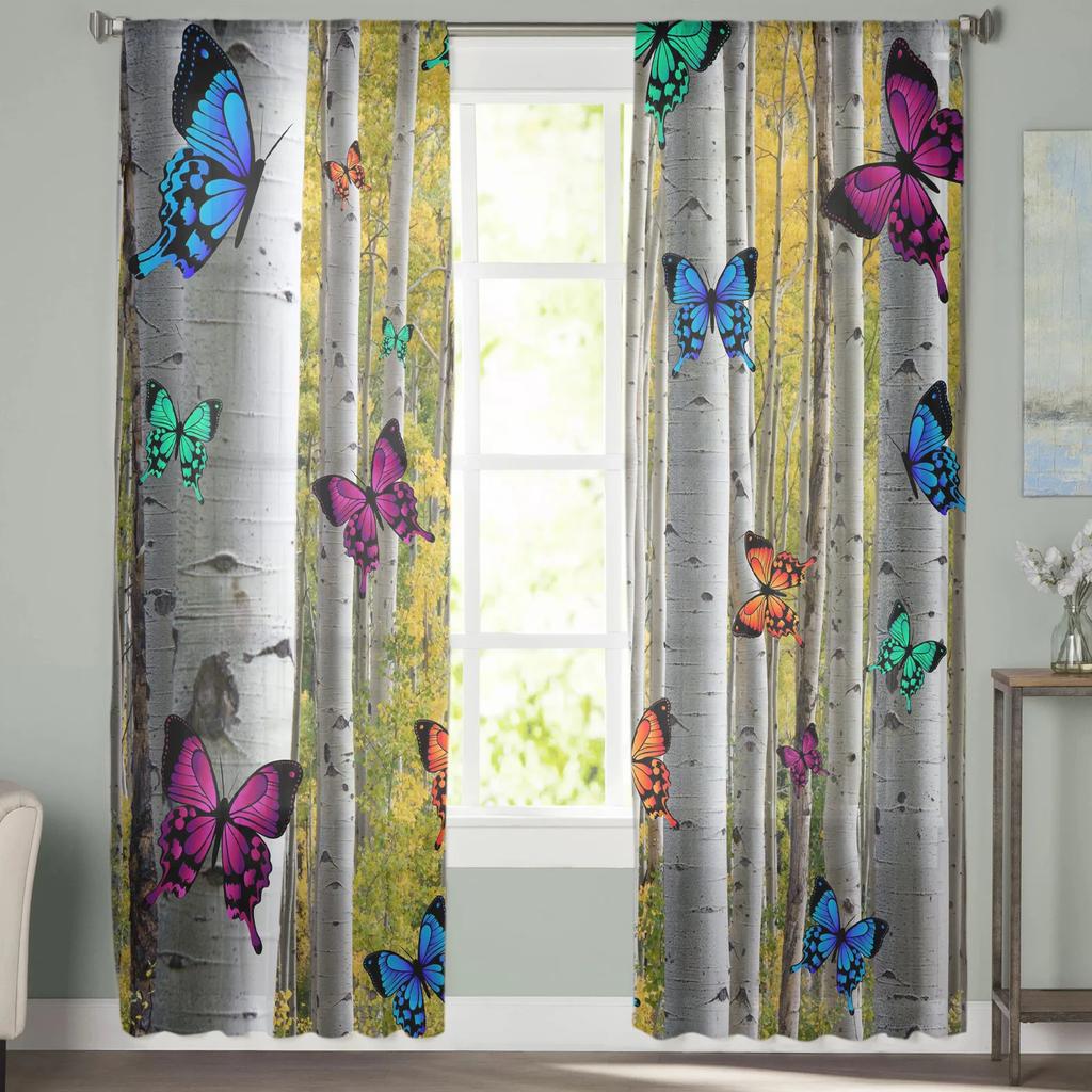 Color Butterfly Birch Forest Chiffon Curtains Living Room Bedroom Home Decoration Window Voiles Tulle Curtain Sheer Polyester Ideal For Area