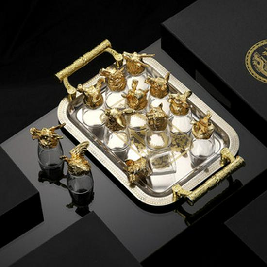 Chinese Zodiac Retro Wine Glass Set In Leather Case - Small White Glasses Gift Set