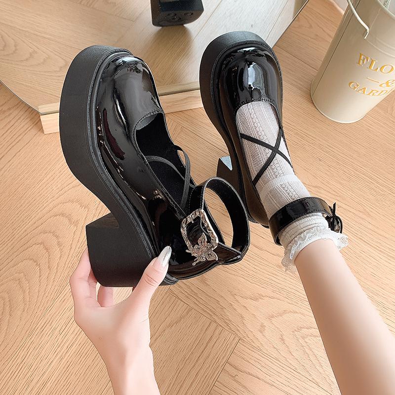 2024 Hot Selling Spring and Autumn Fashion Round Toe Shallow Mouth Medium Heel Bow Knot One-Word Buckle Ladies High Heels