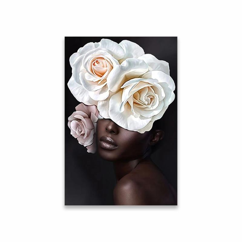 African Woman Canvas Art With Flower Head Poster Floral Head Woman Canvas Painting African American Sexy Woman Prints Bedroom