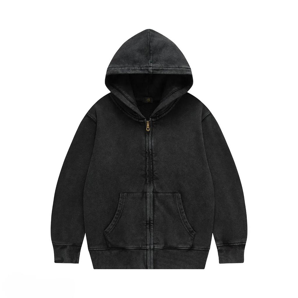 Odzież wierzchnia dla dzieci 2025 Jesień Modne Cool 350G Bawełna frotte Vintage Bluzy z kapturem na zamek Chłopcy Dziewczynki Casual Sportowe Topy Ubrania dla dzieci