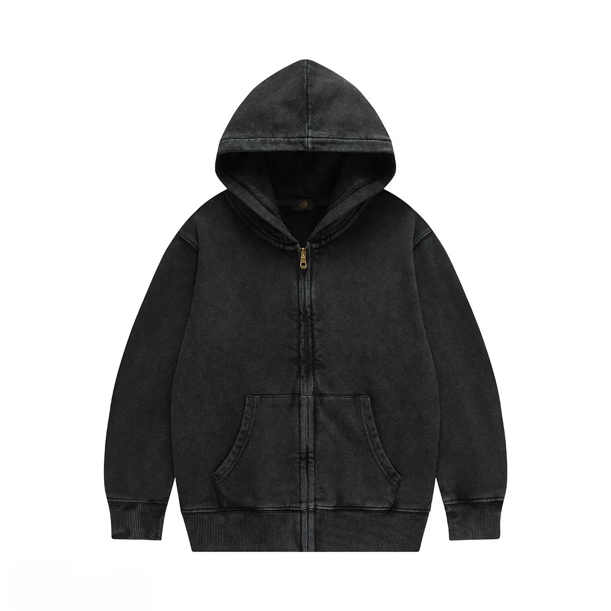 

Детская верхняя одежда 2025 Осень Модные Крутые 350г махровый хлопок Винтажные толстовки на молнии Мальчики Девочки Повседневные Спортивные топы Детская одежда 160cm чёрный