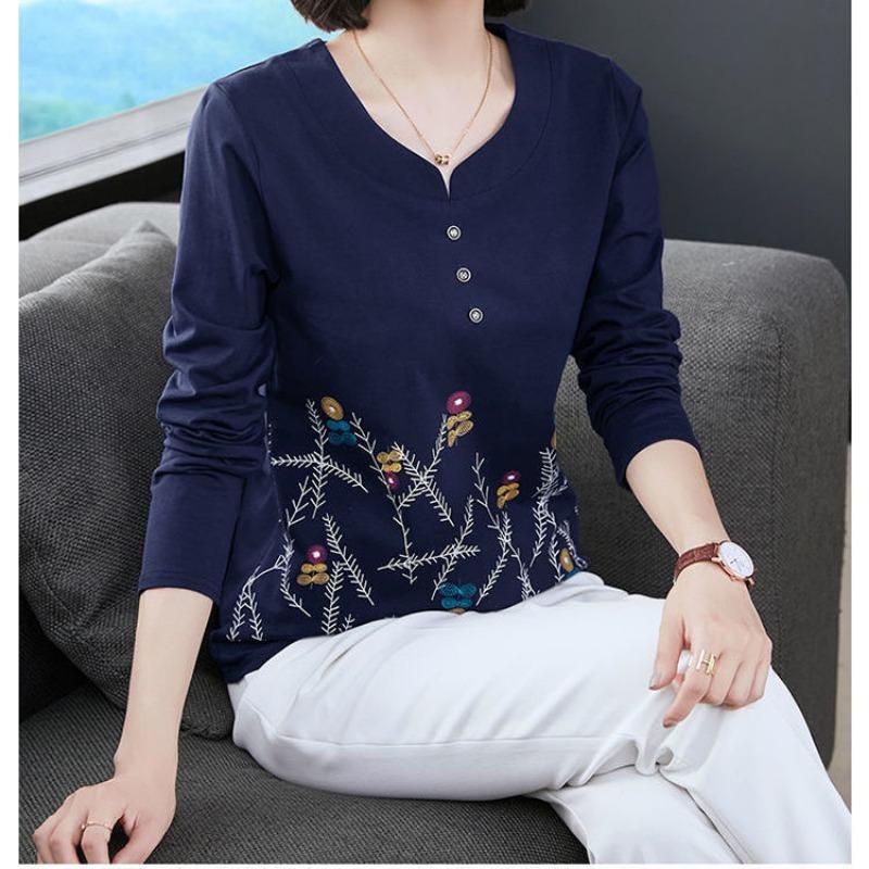 Women Fashion Print Elegant T-shirt Autumn Casual V-Neck Long Sleeve Slim Pullover Solid Color Basic Blouse