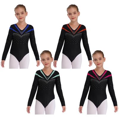 Girls Long Sleeve V Neckline Dance Leotards Shiny Rhinestone Decorated Contrast Color Slim Fit Unitard