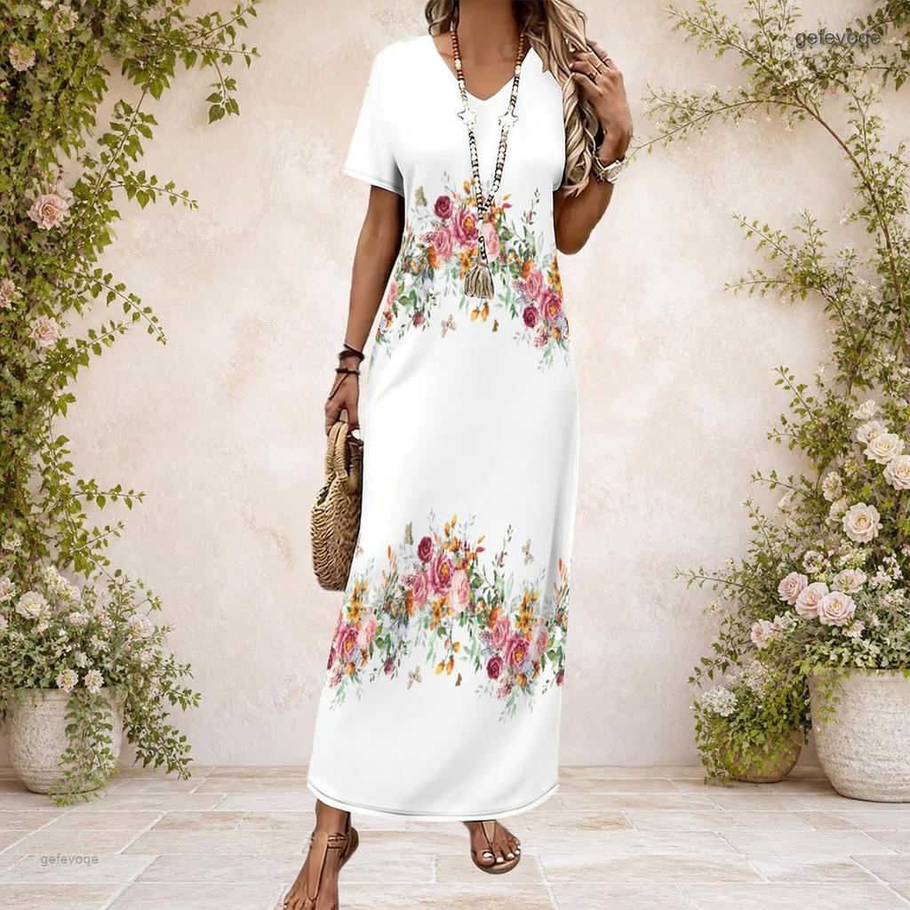 Women Plus Size V Neck Short Sleeve Colorful Floral Printed Straight Long Dress