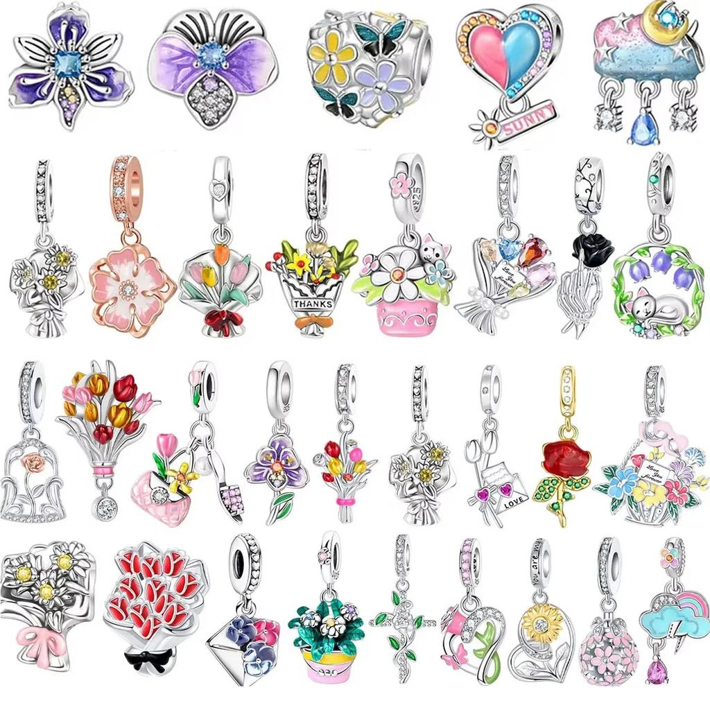 New Original Copper Colorful Flower Charms Roses Tulips Daisies Beads For Necklace Diy Bracelet Present Jewellery