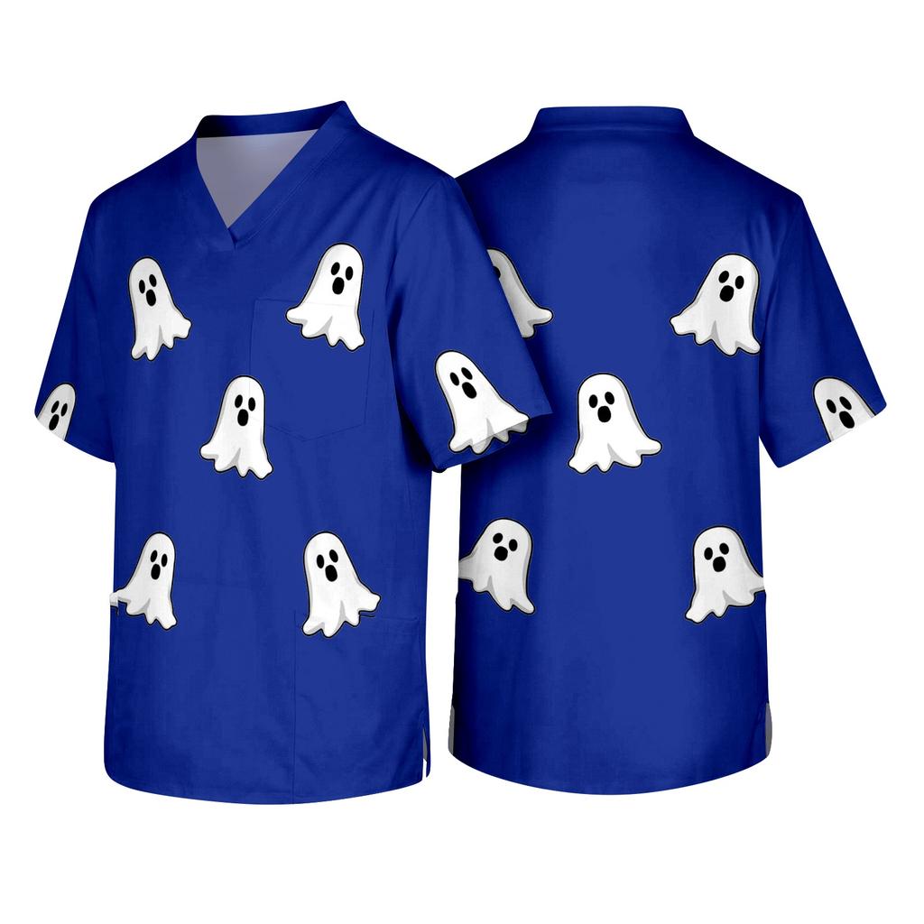 Men V Neck Short Sleeve Halloween Print Top with Chest Pocket for Healthcare Workers Comfortable Fit Scrub Shirt