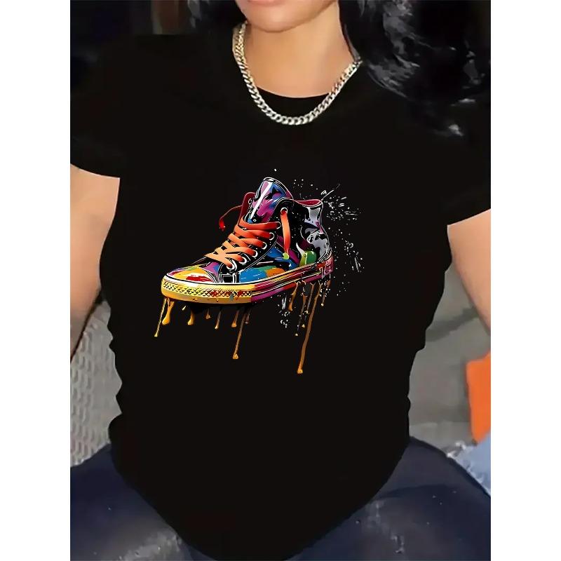 

European sizes Lightweight And Durable Black T-Shirt with a Colorful Sneaker Graphic, Perfect for Casual Wear 4XL