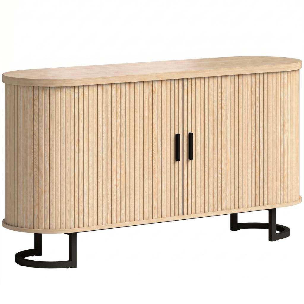 Living Room Sideboard, Oval, 2 Sliding Doors, Adjustable Shelves, 140 x 40 x 75 cm, Natural Wood