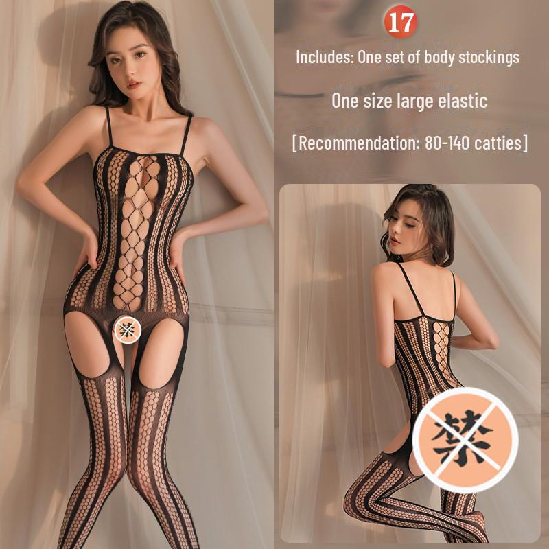Erotic Black Mesh One-Piece Lingerie Set with Open Stockings - Tempting and Sexy