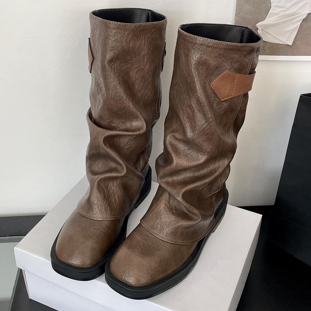 Queen Van Meillard Brown Vintage Platform Boots Women's 2025 New Autumn Skirt Skinny Medium Boots