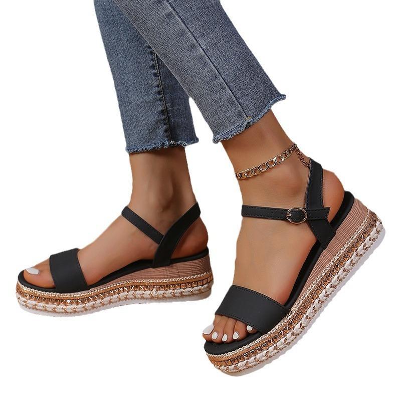 Summer new muffin open-toed sandals one-word buckle with high heels women's fashion platform wedge heel women's shoes