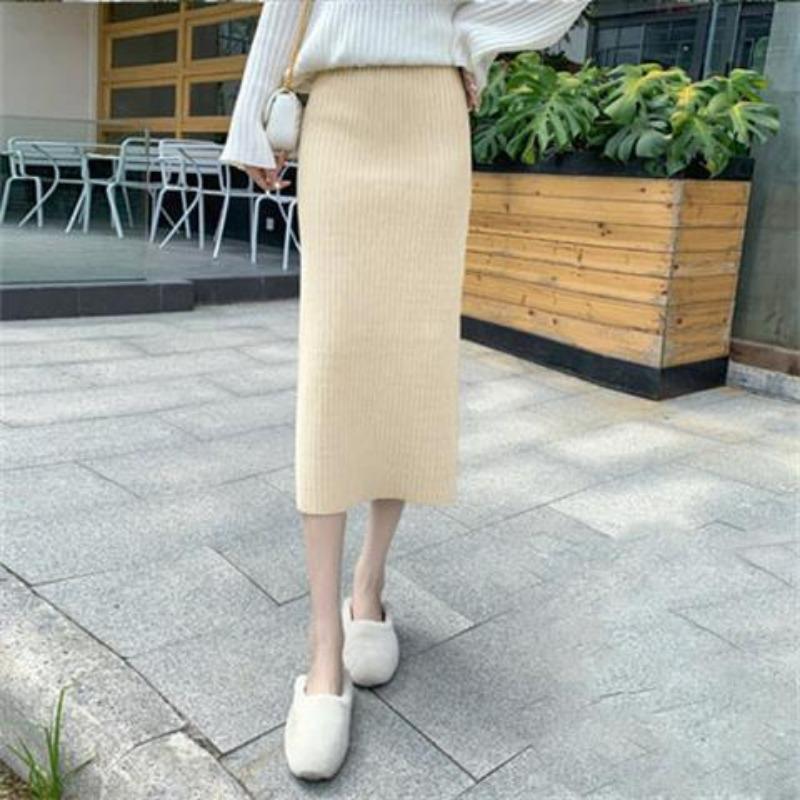 Autumn Winter Women's Knitted Half Skirt High Waist Midi Wool Versatile Split Bodycon Long Skirt to Match Sweaters