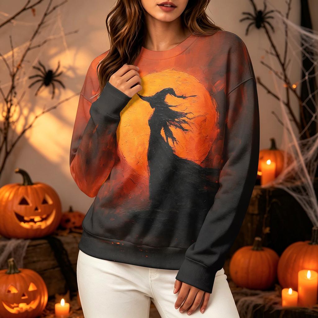 Women's Fashion Casual Long Sleeve Crewneck Sweatshirt with Halloween Print