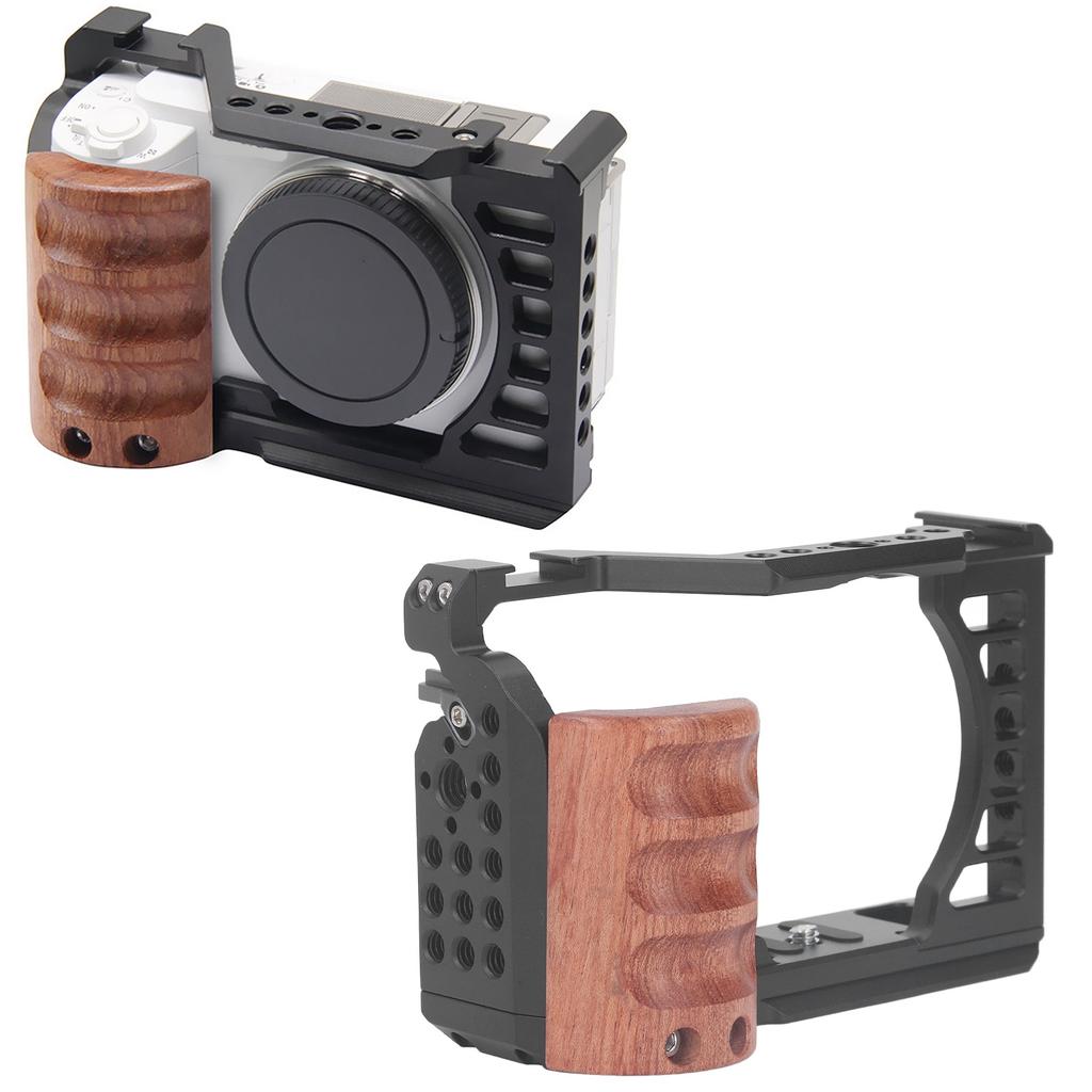 Full Camera Cage Aluminum Alloy Protective Camera Video Rig with Wood Handle 1/4 3/8 Inch Threaded Hole Cold Shoe Mount for ZV E1