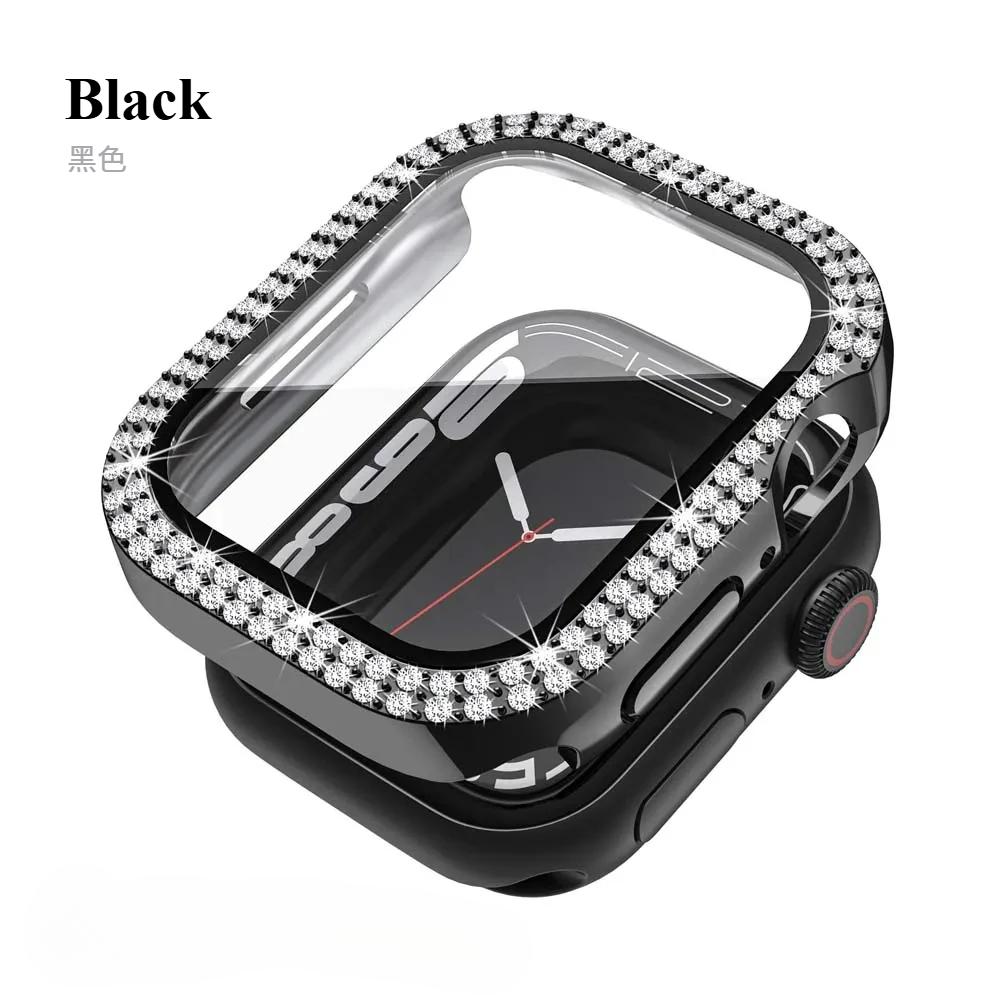 

Блестящий чехол из стекла+крышка для Apple Watch Series10 46мм, 44мм, 45мм, 41мм, 40мм, 38мм, 42мм, женский бампер с бриллиантами+защитная пленка для экрана iwatch Series 7 9 8 5 6 SE Series10 46mm чёрный