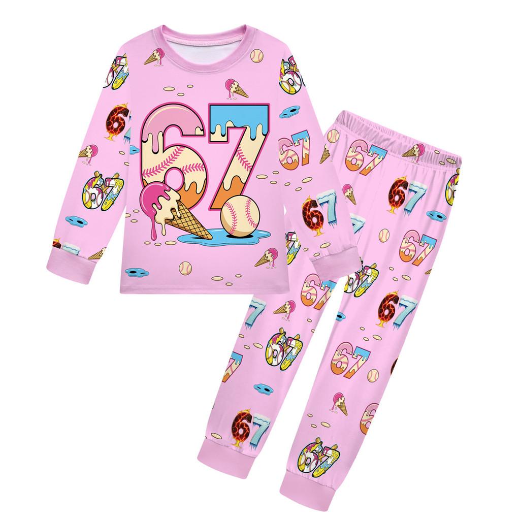 19702 Kinder Jungen Mädchen Steal a Brainrot 67 Six Seven Druck Langarm T-Shirt Hose Pyjama Nachtwäsche Sets