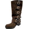 Handmade Leather Thick Heel But Knee High Knight Boots Women's Western Retro Punk Brown Motorcycle Boots