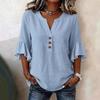 Women Light Blue V Neck Button Detail Ruffle Half Sleeve Linen Blouse