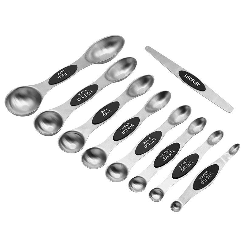 9-Piece Double-Ended Stainless Steel Measuring Spoons with Scale Leveler for Baking and Cooking
