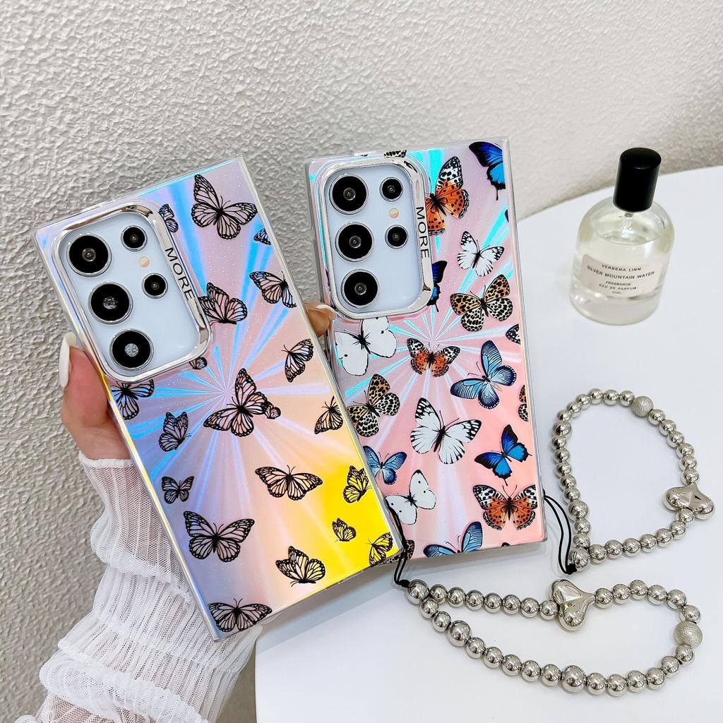 Suitable for Samsung S25 Ultra Electroplating Butterfly S24Plus Colorful Laser A56 Pearl Bracelet Mobile Case
