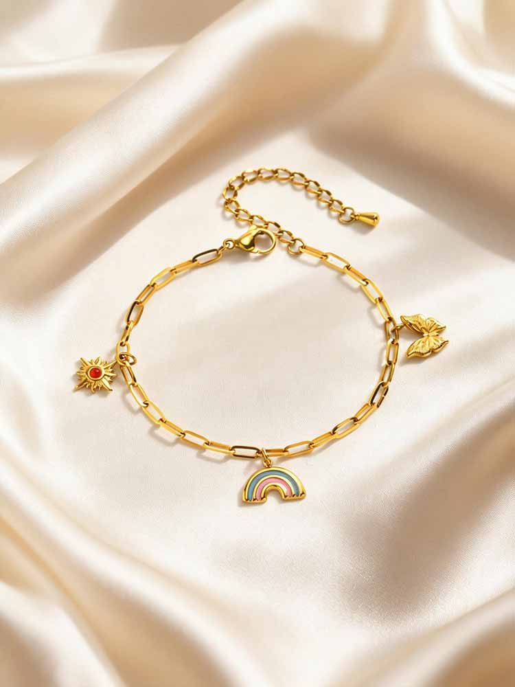 Paperclip Chain Charm Bracelet Gold Plated Stainless Steel Sun Rainbow Butterfly Adjustable Women Jewelry