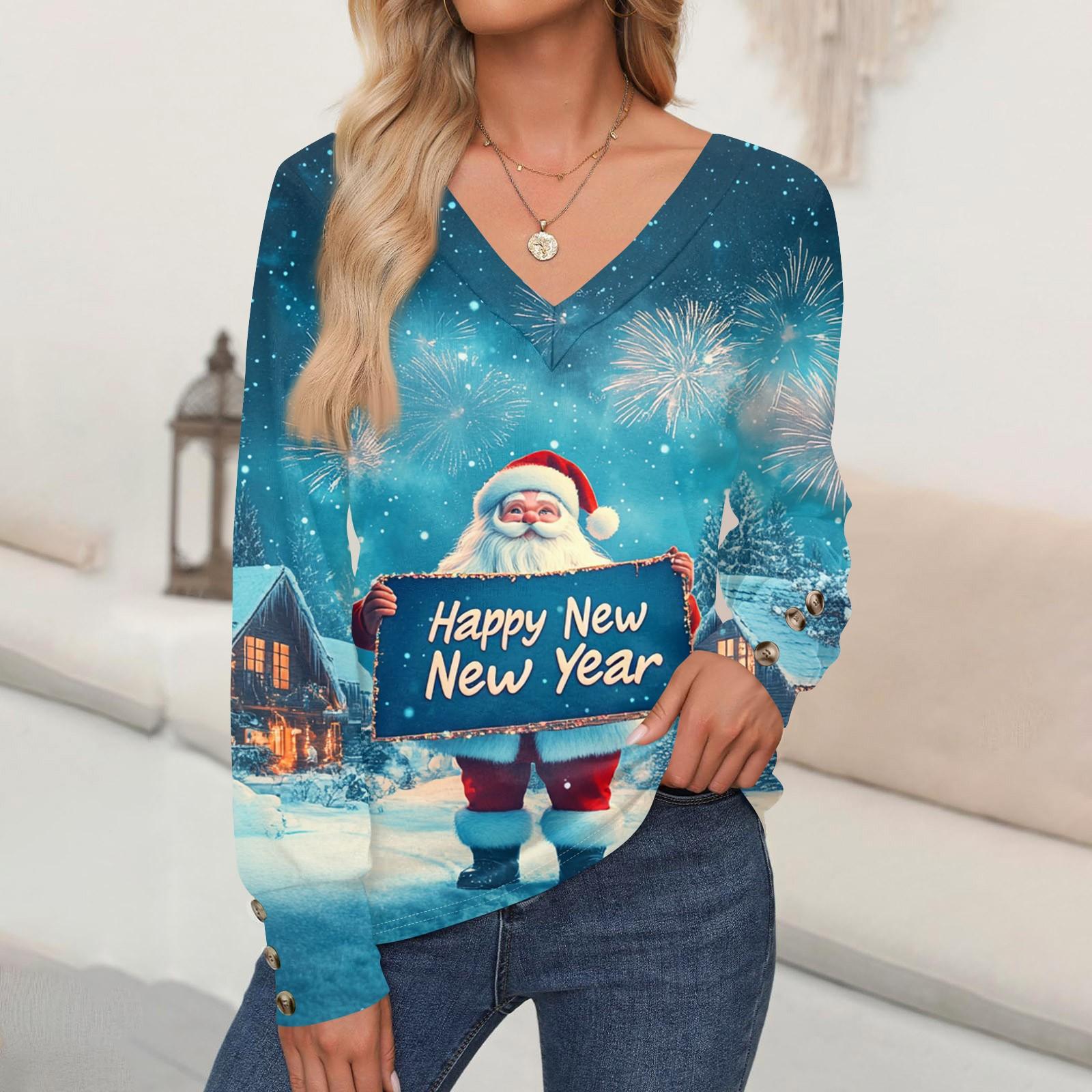 

Женская мода повседневная длинная рукава рождественский принт V-образный вырез свитер топ M