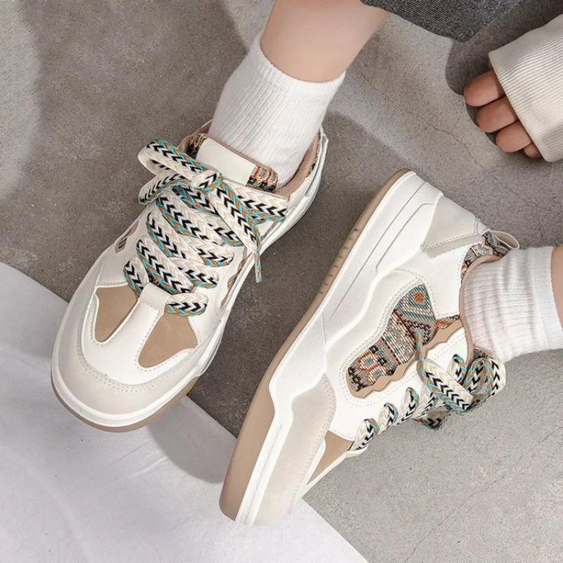 Fashion Women's Sneakers Spring Autumn Comfortable Height Increasing Lace Up Anti Slip Korean White Shoes Outdoor Skateboard Shoes