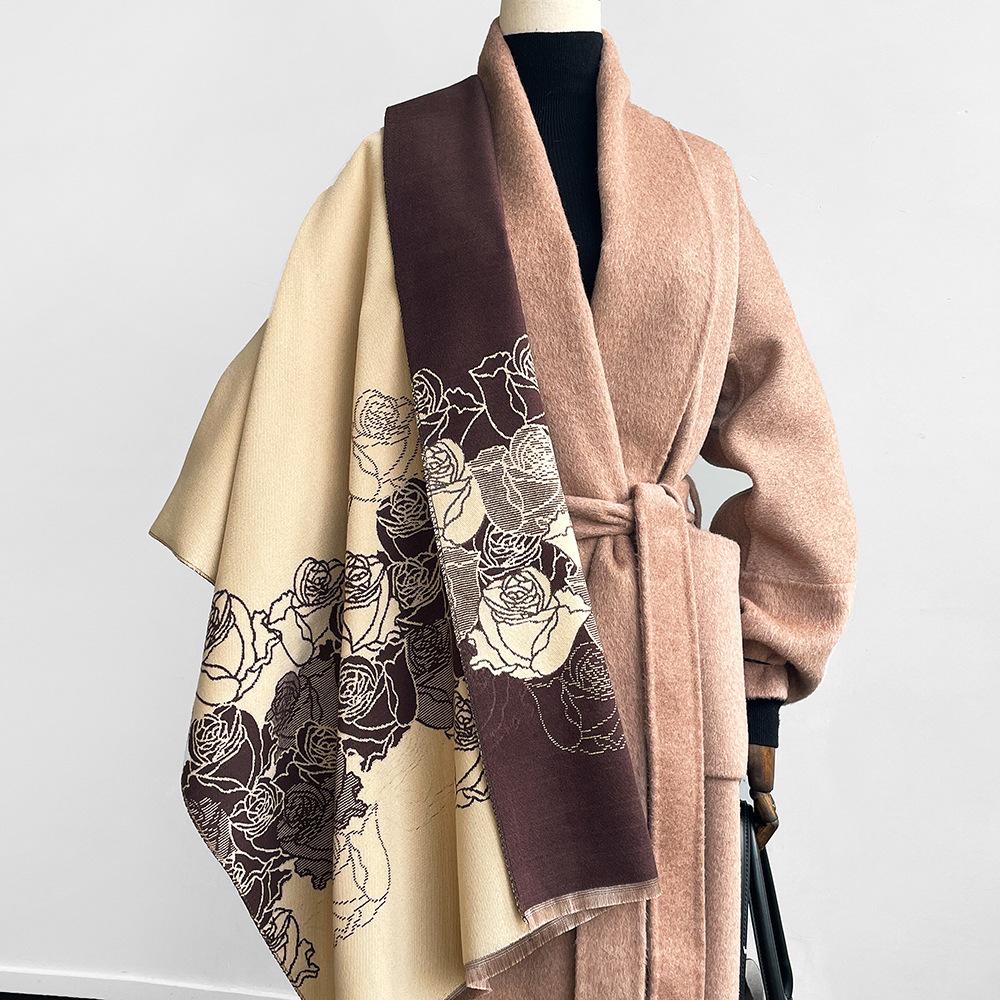 New camellia jacquard imitation cashmere scarf female tassel high-end red shawl gift scarf