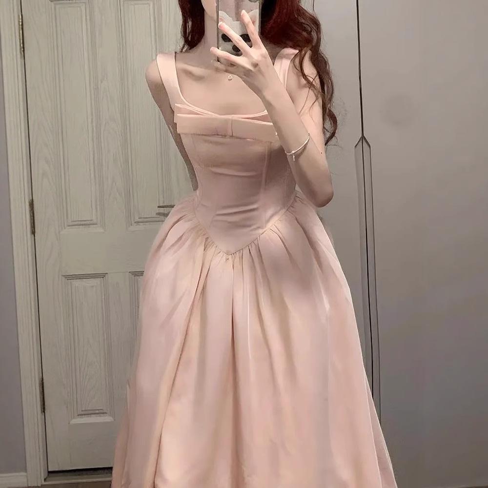 

French Pink Preppy Cinched A-Line Evening Dress with Square Neck and High Waist XXL