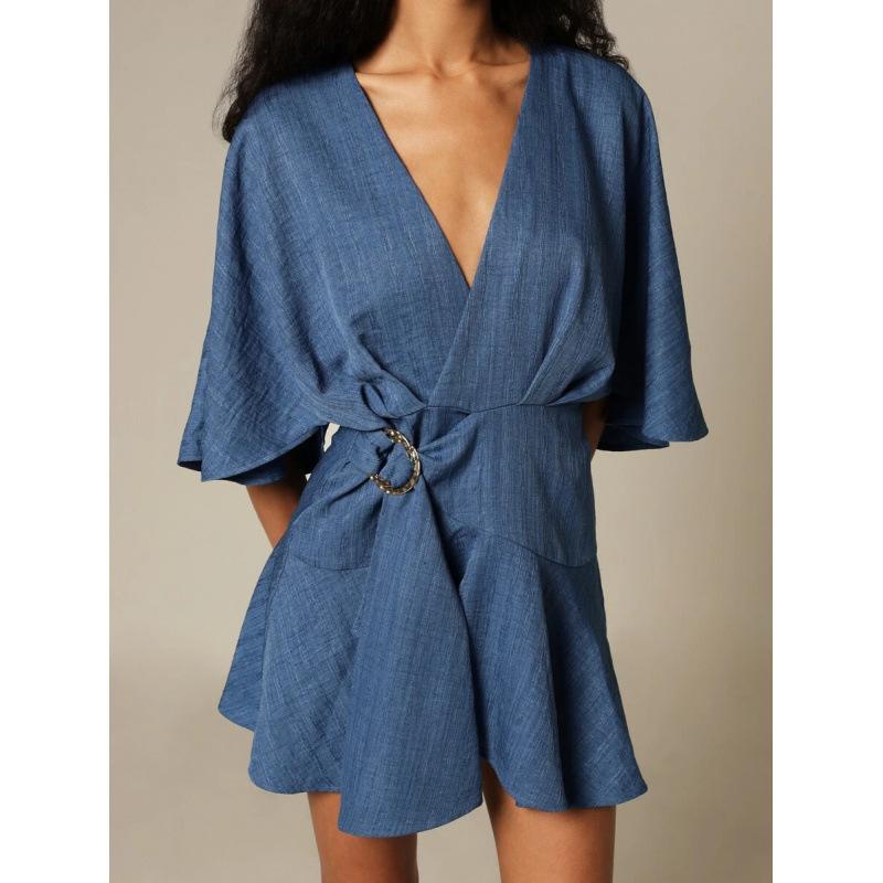 European summer new high-end design sense solid color overlapping V-neck bat sleeve short dress