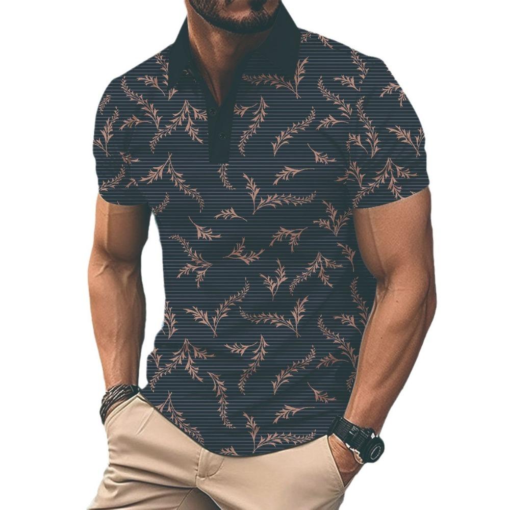 Men's Striped Printed Lapel Short Sleeved Polo Shirt