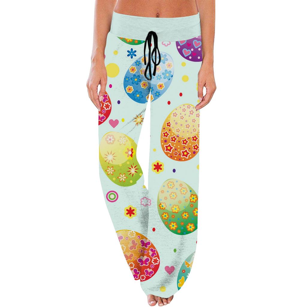Damskie spodnie piżamowe w swobodnym stylu, z nadrukiem wielkanocnym, ze ściągaczem i szerokimi nogawkami