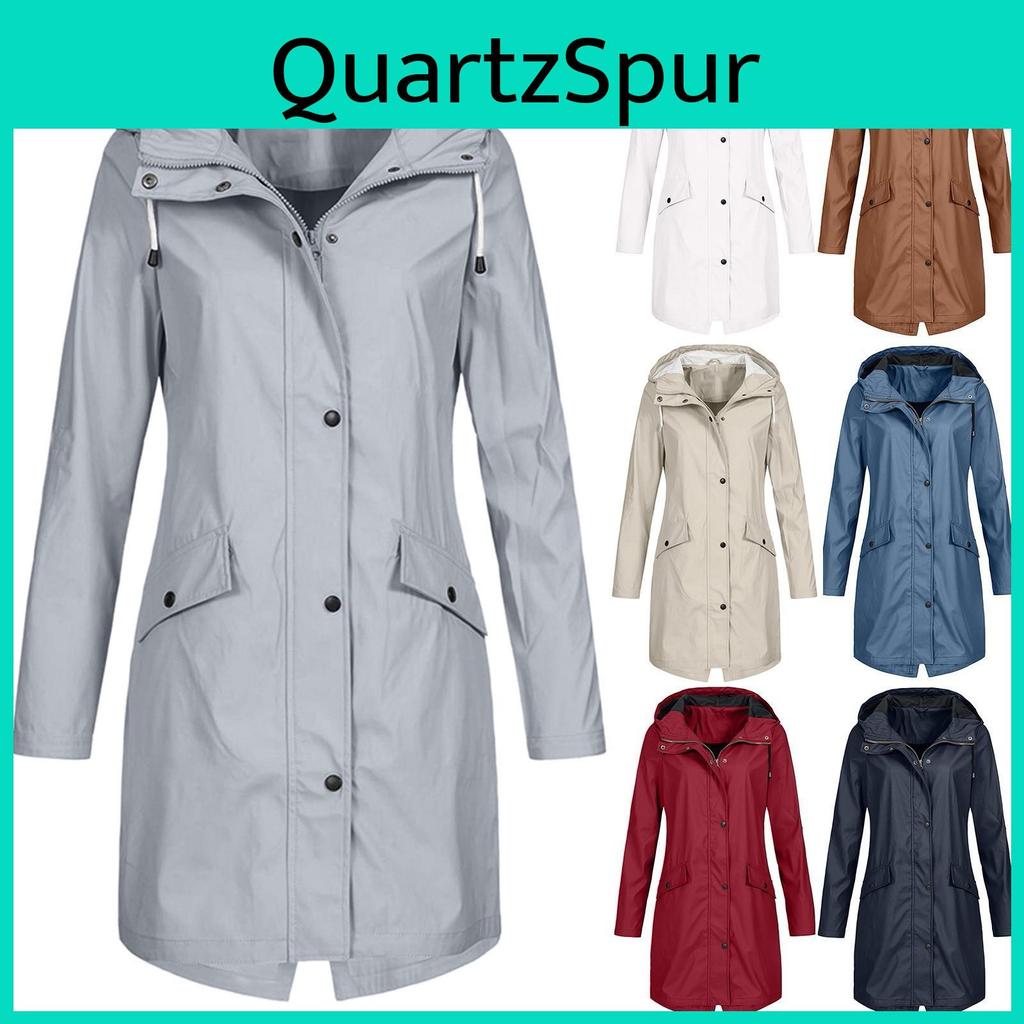 Womens Jacket Rain Solid Color Outdoor Hoodie Waterproof Windproof Long Coat