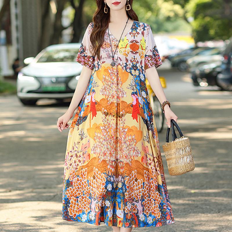 Women's Plus Size V-Neck Floral Long Dress – Short Sleeve Loose Fit Casual Dress with Pockets (Sizes XL-5XL)