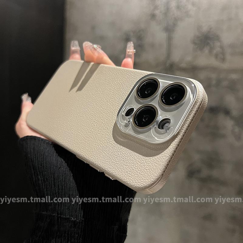 Applicable to iPhone15 lychee leather pattern mobile phone case Apple 14promax crystal lens 13 simple solid color protection