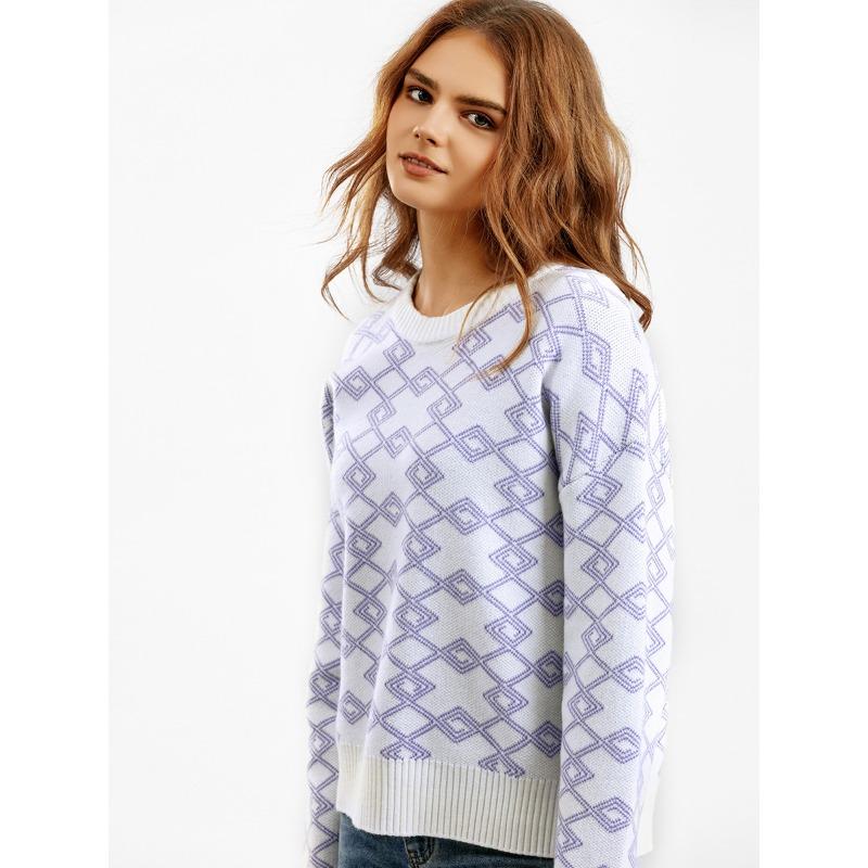 Suéter feminino de manga comprida jacquard para outono e inverno, gola redonda solta e versátil