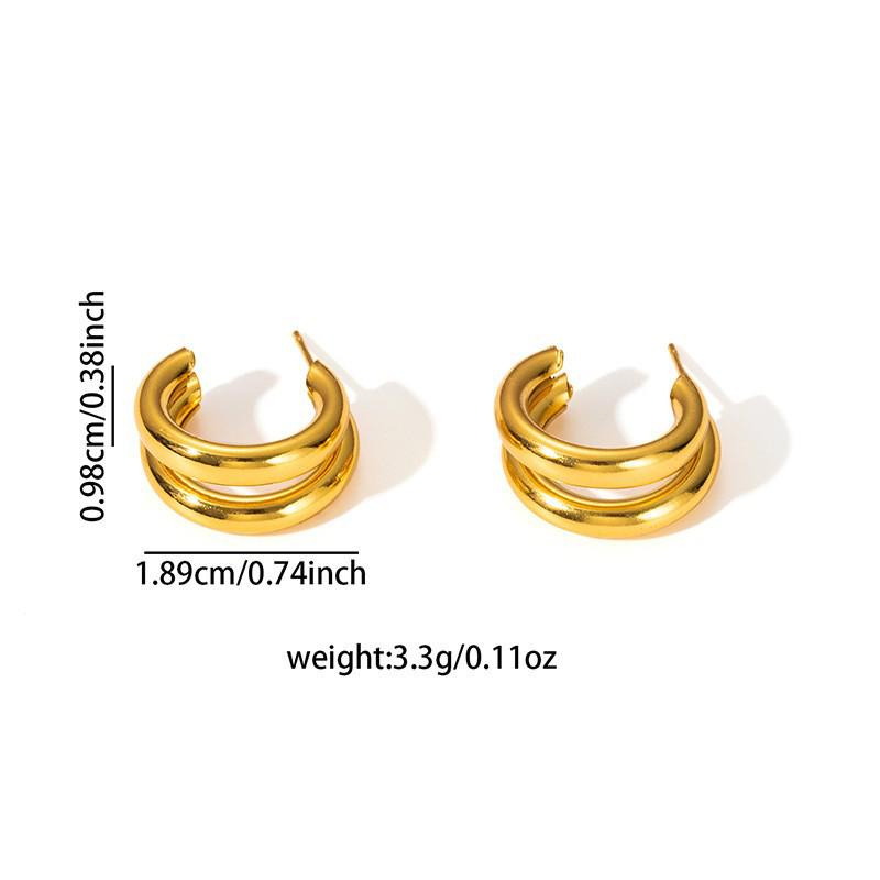 Gold C-Shaped Round Hoop Earrings with Bright Surface, French Light Luxury, High-End Stainless Steel
