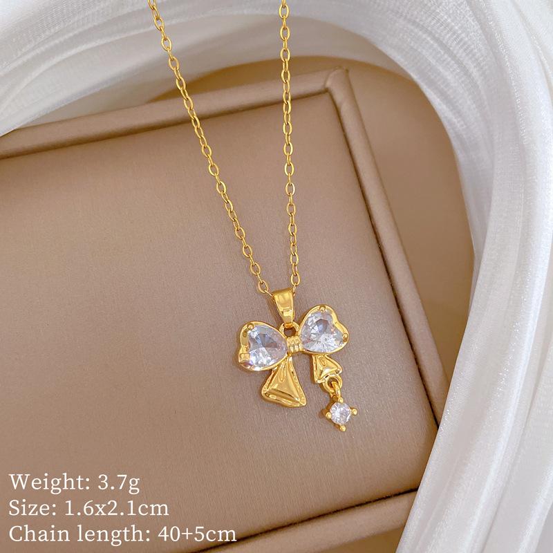 Titanium Steel Pink Zircon Bow Slightly Inlaid Zircon Amethyst Four-Leaf Flower Pendant Titanium Steel Collarbone Chain Jewelry