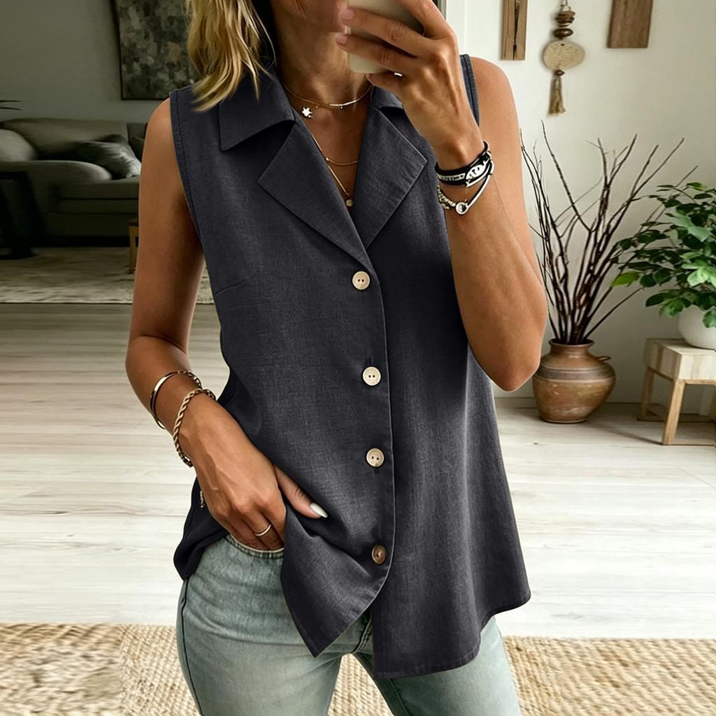 Women's Color V-neck Sleeveless Vest Top Button Inch Shirt