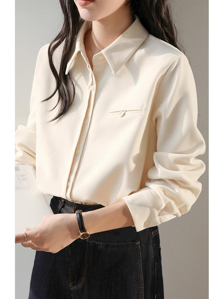 Women's Retro Red Lapel Shirt - 2026 Spring/Autumn Brushed Long Sleeve Top