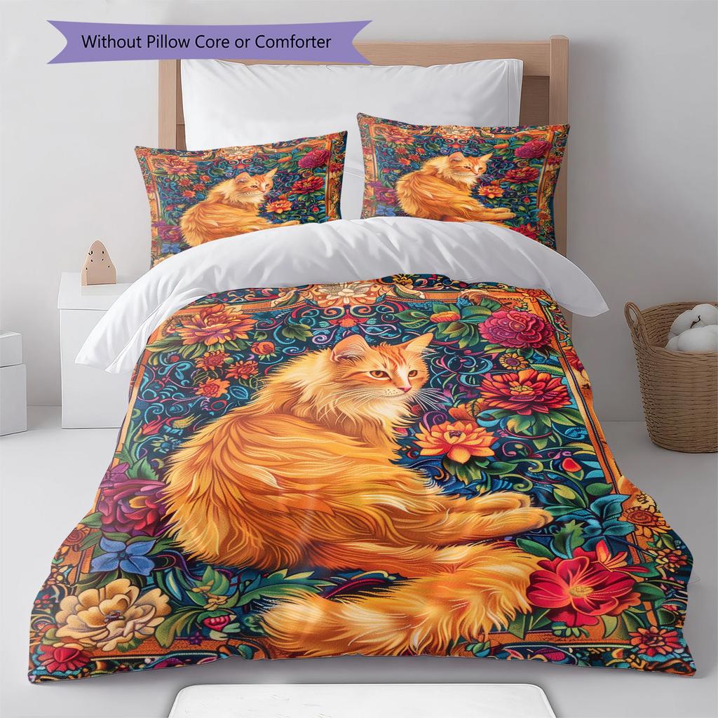 Boho Floral Cat Pattern Bedding Quilt Set Quilt Cover Pillowcase Home Decoration Birthday Gift (1 * duvet cover + 2 * pillowcase, without core)