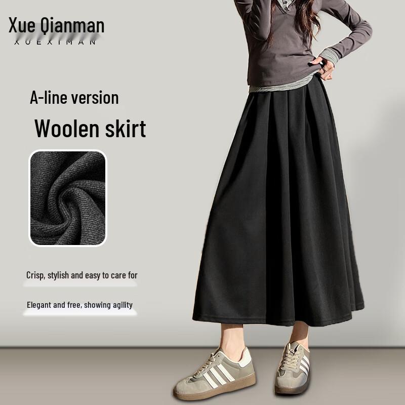 Xueqiman Wool Blend Pleated A-Line Midi Skirt XL