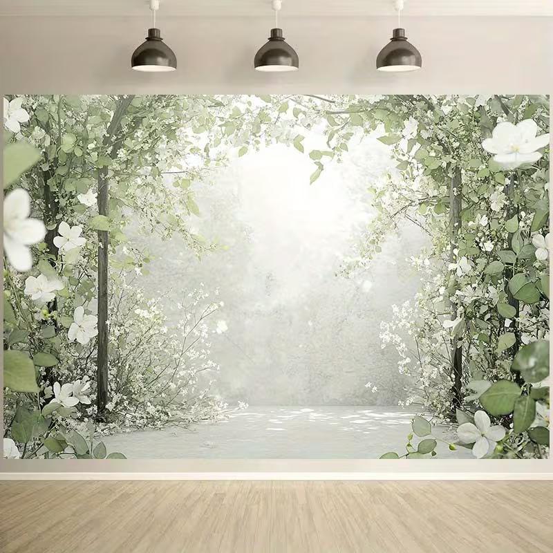 2D Dreamy White Floral Forest Arch Spring Photo Backdrop 47.2x31.5inch/120*80cm