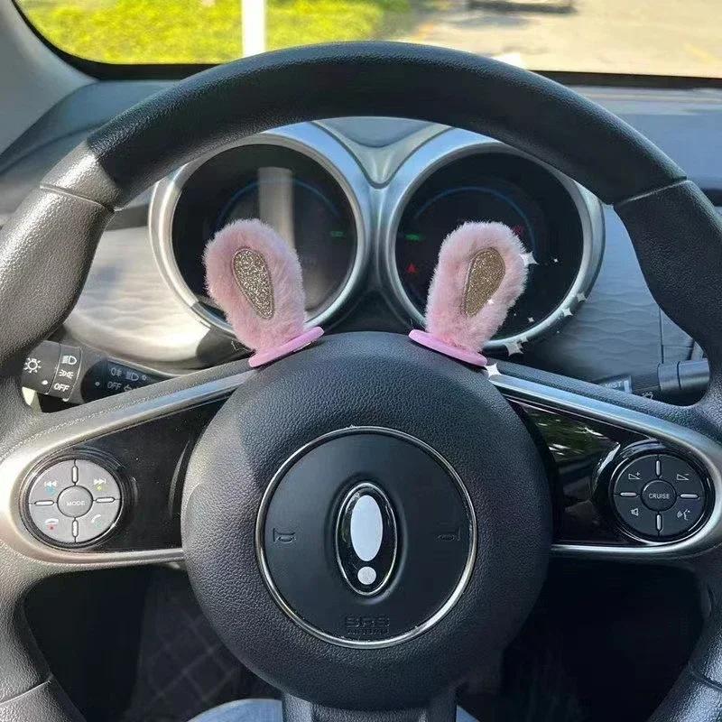 Creative Rearview Mirror with Cute Rabbit Ears, Car Interior Decoration, Plush Car Accessory for the Center Console