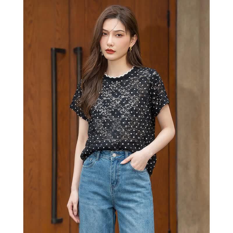 

TERRE BLEUE Women s Polka Dot Short Sleeve T-Shirt L