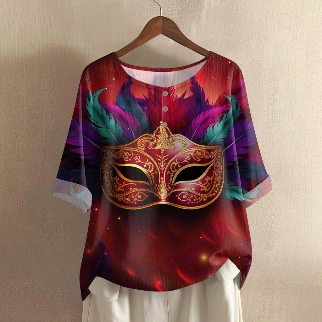 Women's Fashionable And Casual Shirt 3/4 Sleeve Round Neck Print Blouse Top