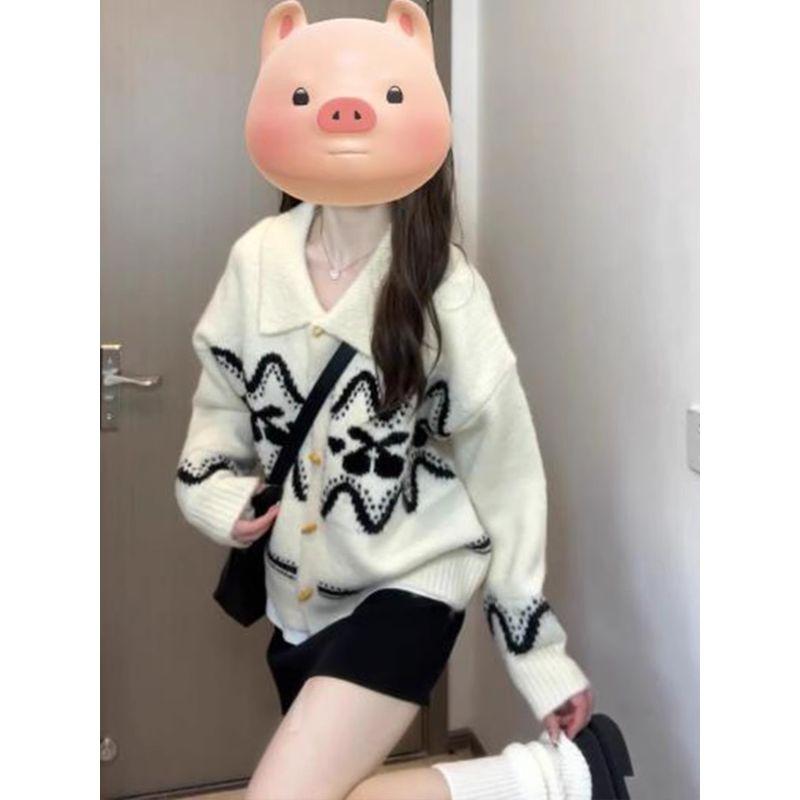 

Lapel Cherry Sweater Outwear Knitting Cardigan Horn Button Beige S [Suggested 37.50 kg-45.00 kg]]