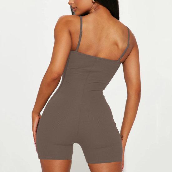 Women Romper Sleeveless Backless Spaghetti Strap Low-cut Skinny Elastic Quick Dry Above Knee Length Solid Color Female Clothing