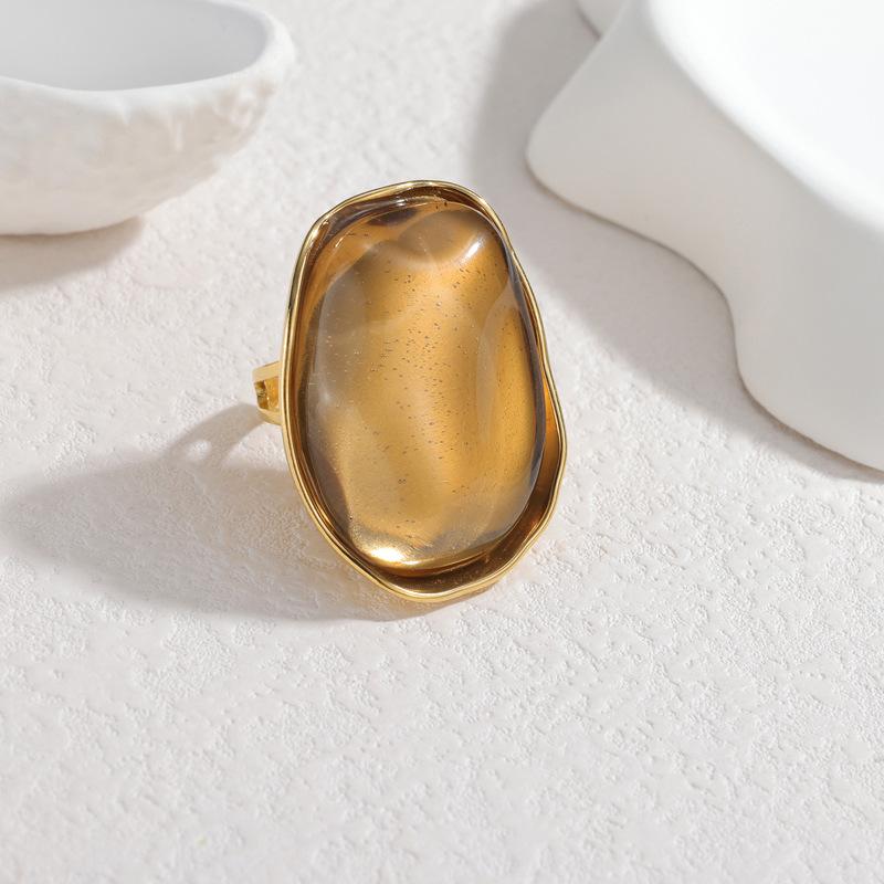 DIEYURO 316L Stainless Steel Irregular Brown Resin Oval Maillard Opening Ring Women Fashion New Concise Waterproof Ring Jewelry